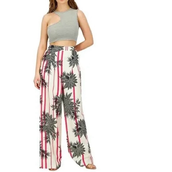 Liquorish Pants - High-Rise Wide Leg Tropical Stripe Pants in Pink/White